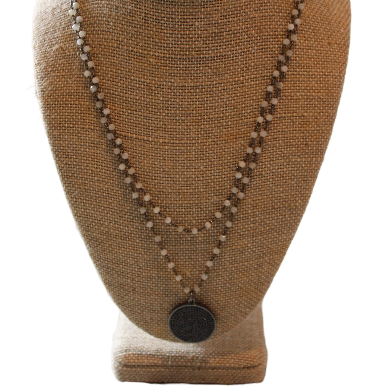 White Beaded Chain Necklace with a Black Pave Circle