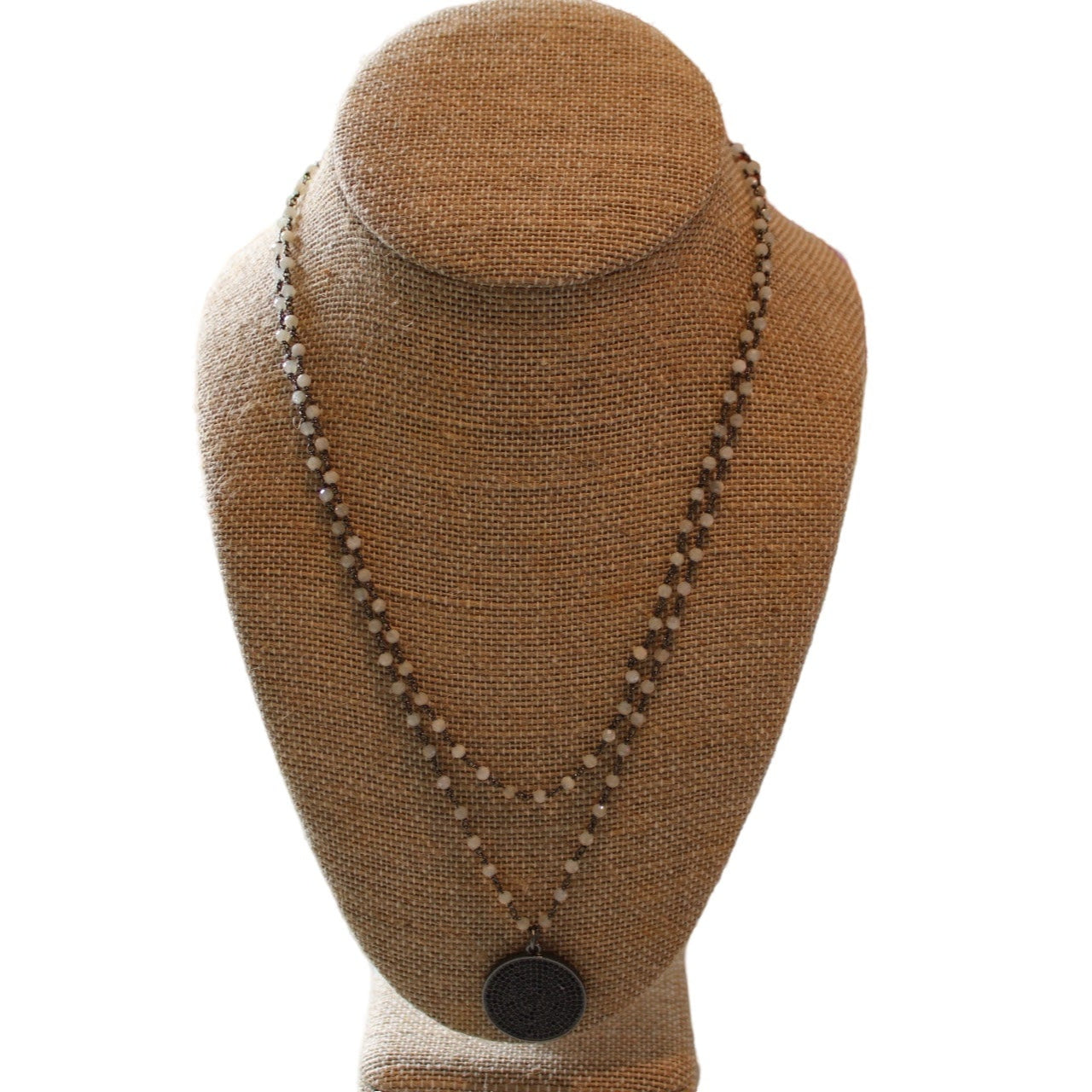 White Beaded Chain Necklace with a Black Pave Circle