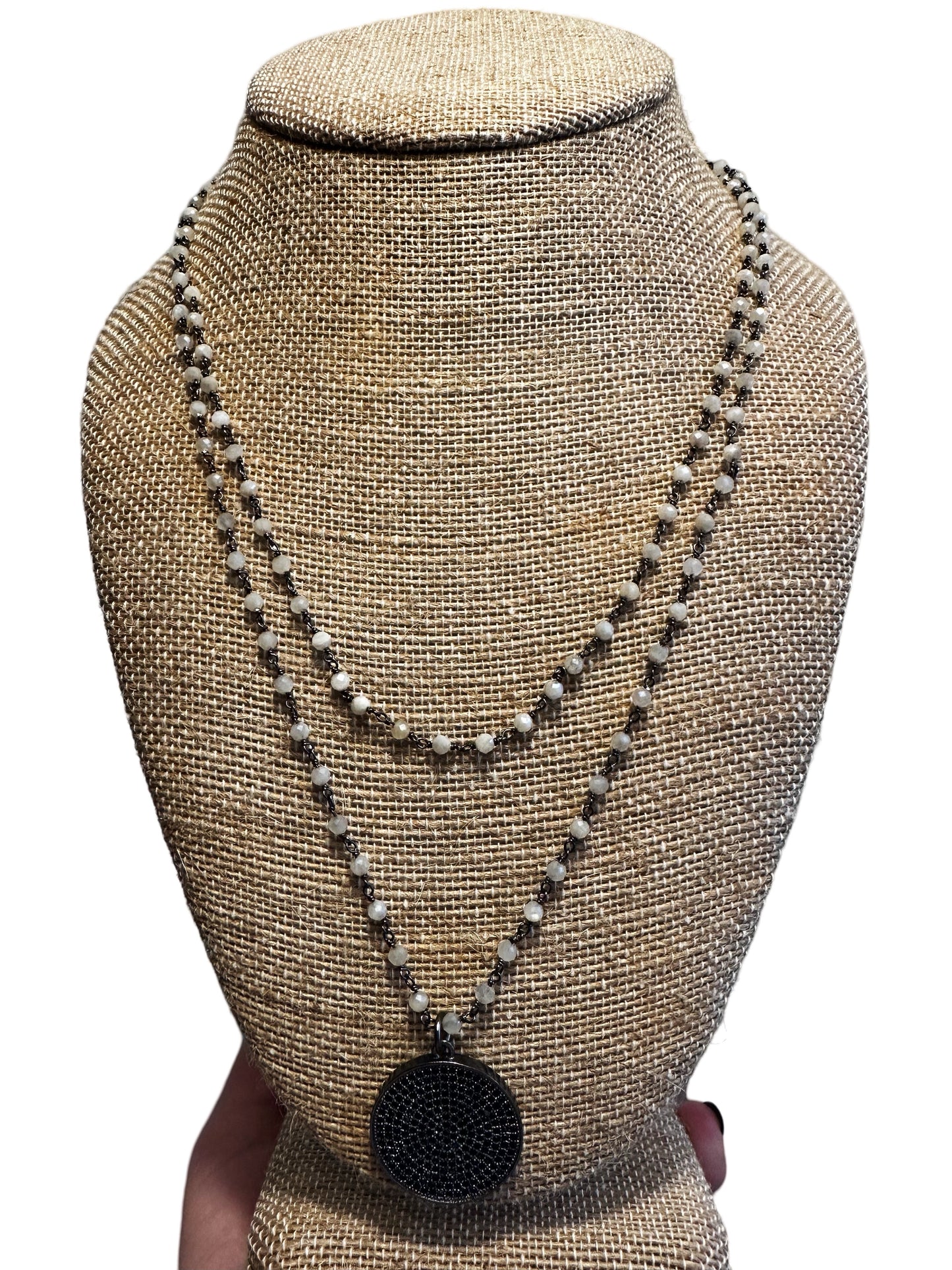 White Beaded Chain Necklace with a Black Pave Circle