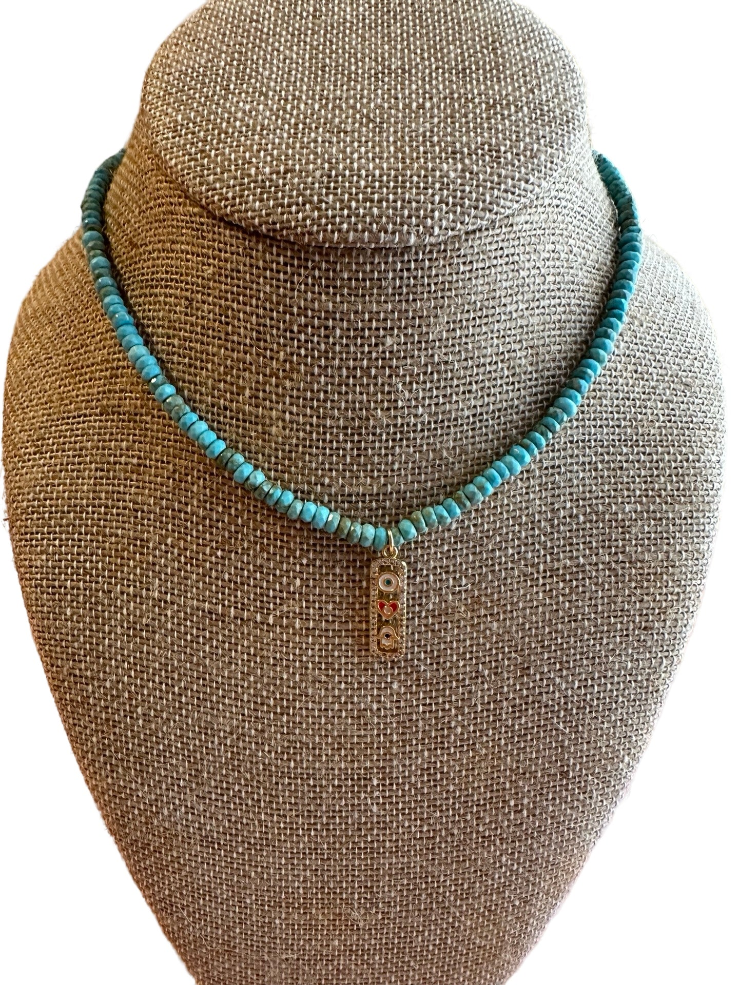 Turquoise Necklace with Heart and Evil Eye Charm