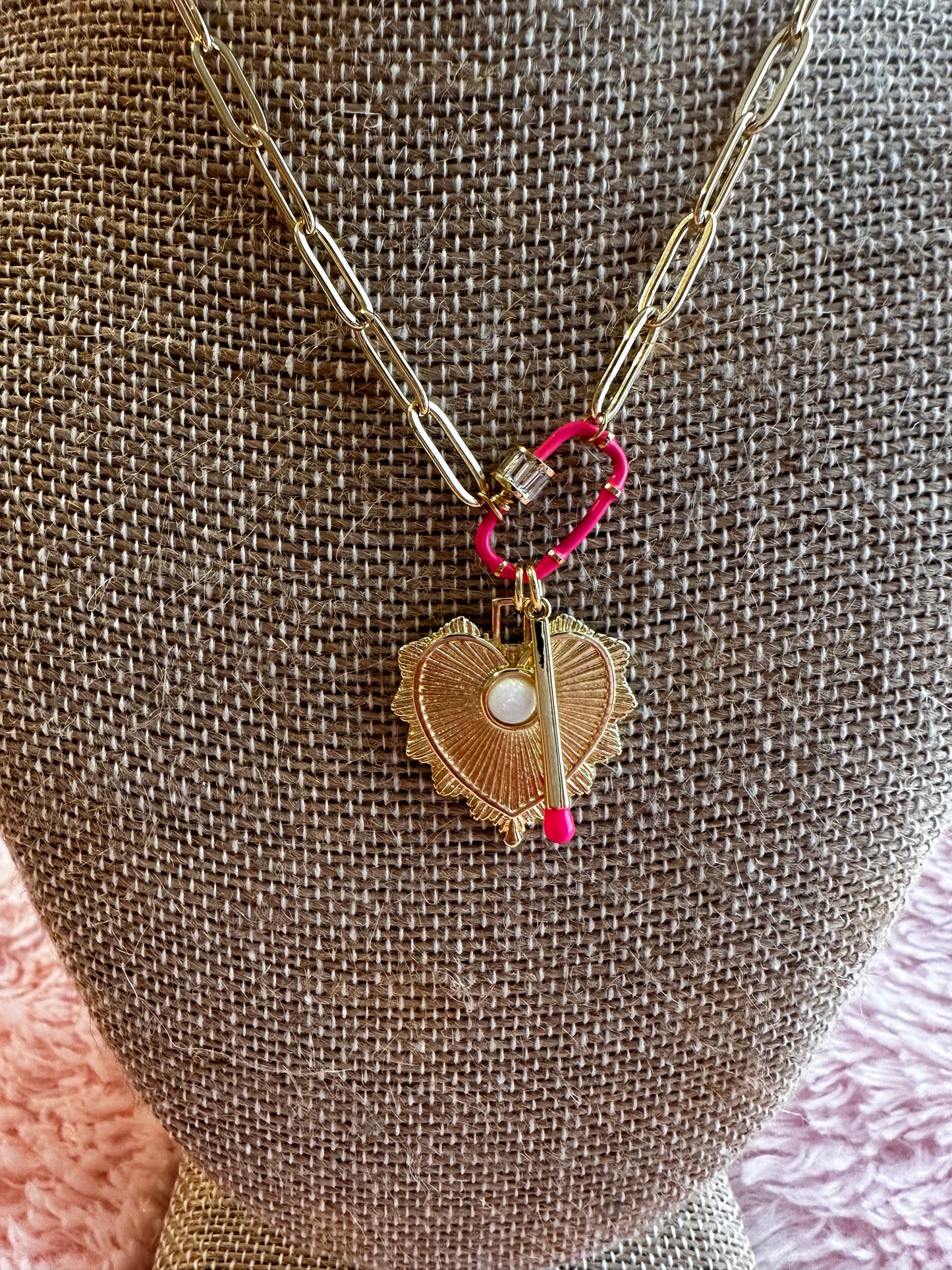 Pink Heart Carabiner Necklace