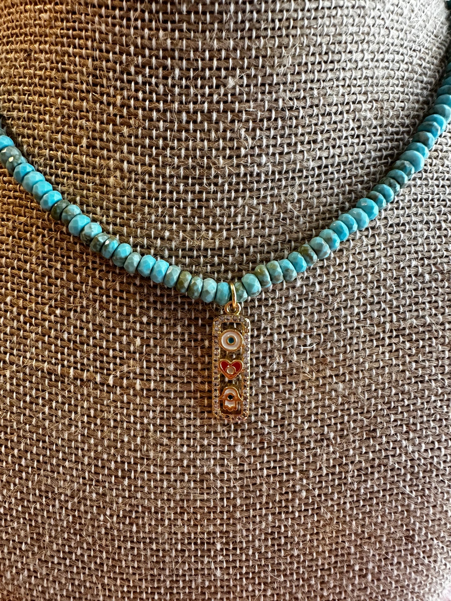 Turquoise Necklace with Heart and Evil Eye Charm