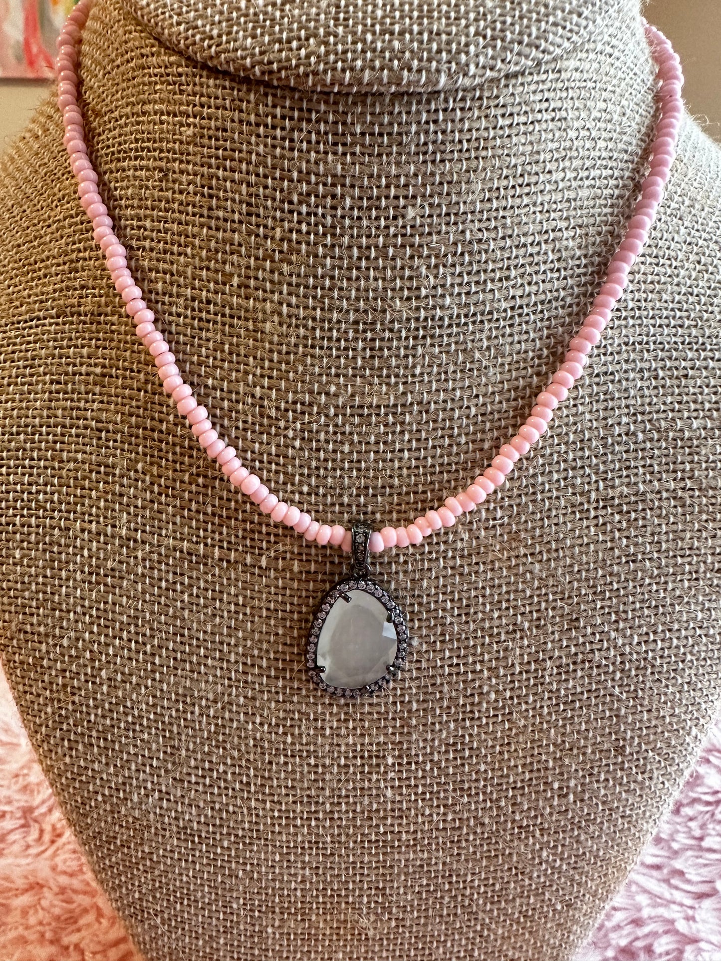 Pink Necklace with Grey Stone