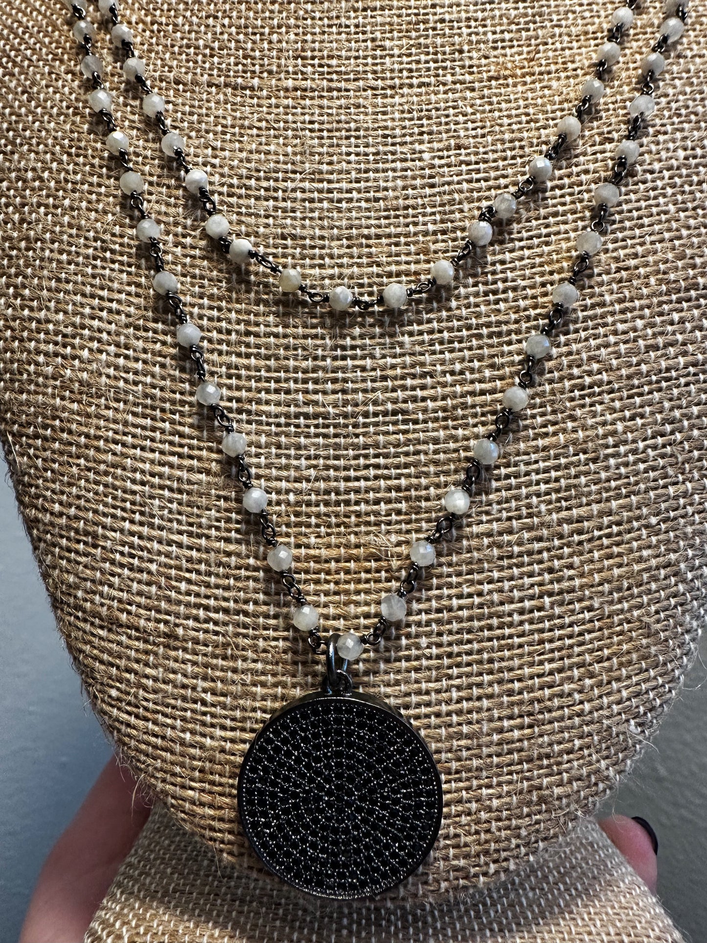 White Beaded Chain Necklace with a Black Pave Circle