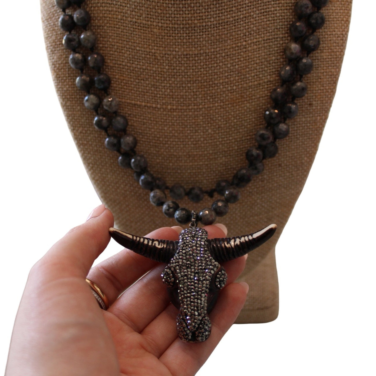 Labradorite Knotted Necklace w/ Bull Pendant