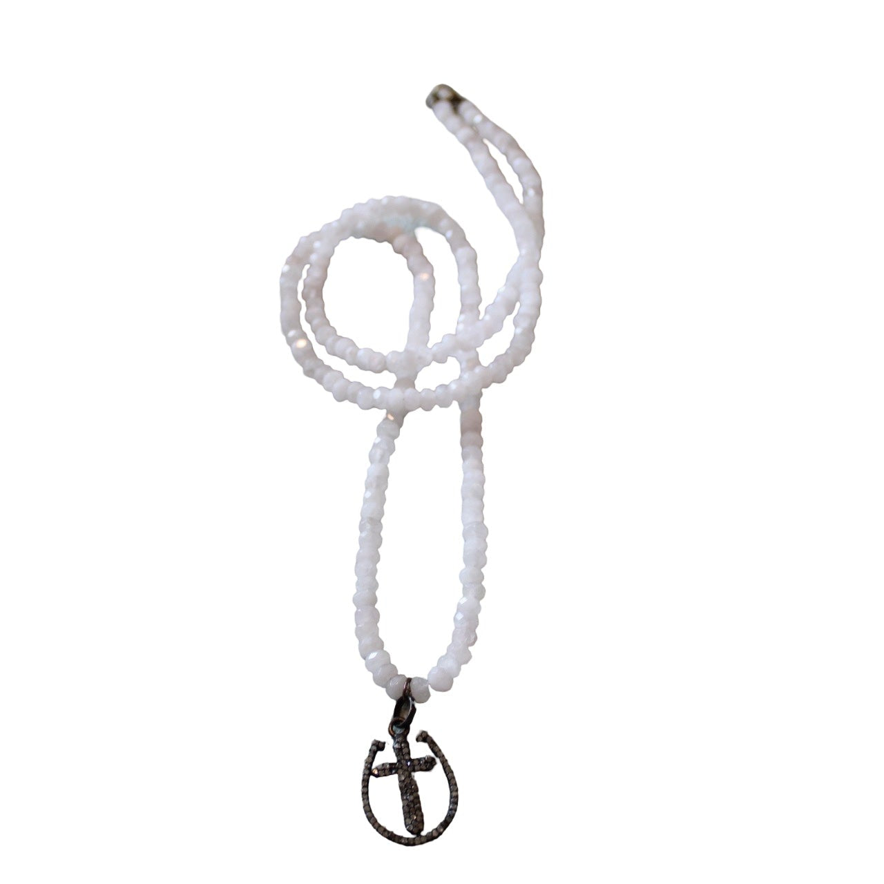 Rose Quartz Necklace w/ Pave Diamond Cross