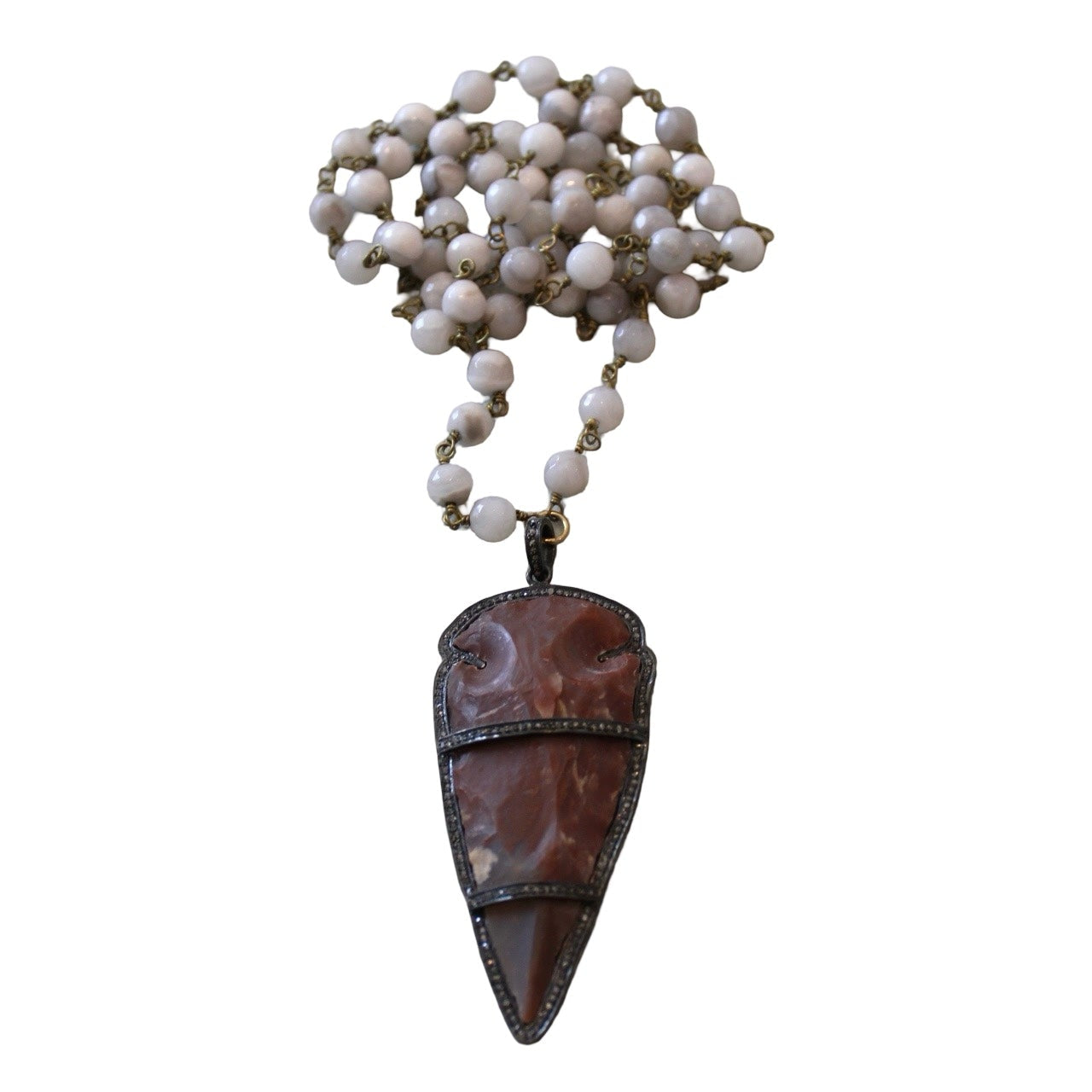 White Beaded Necklace w/ Brown Pave Diamond Arrowhead
