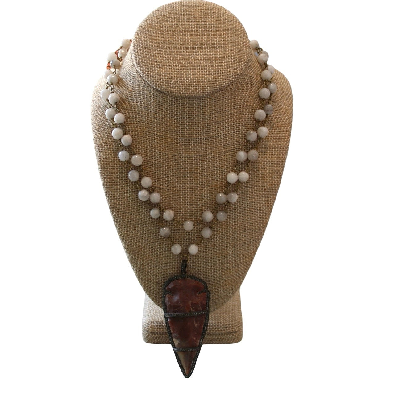 White Beaded Necklace w/ Brown Pave Diamond Arrowhead