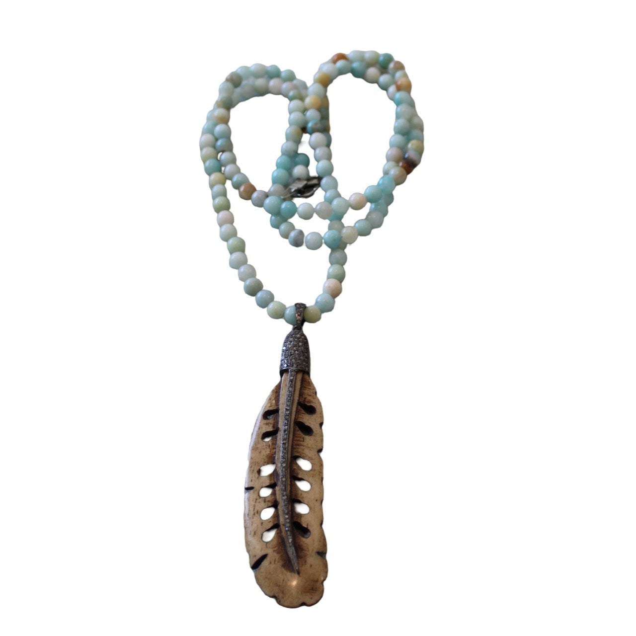 Amazonite Necklace w/ Brown Pave Diamond Feather