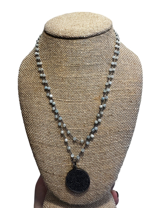 Blue Beaded Chain Necklace with a Black Pave Circle