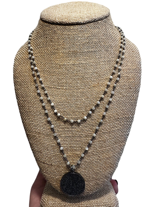 White Beaded Chain Necklace with a Black Pave Circle