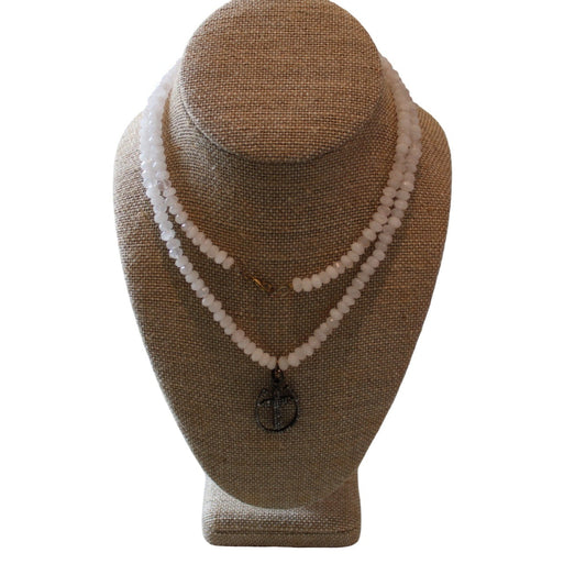 Rose Quartz Necklace w/ Pave Diamond Cross